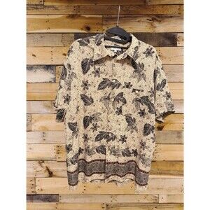 Chereskin 100% Silk Batik Tropical Camp Shirt Tan Black Border Print Men M